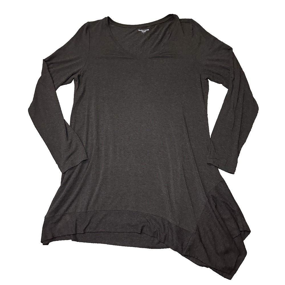 EILEEN FISHER Chocolate‎ Brown Asymmetrical Hem Long Sleeve V-Neck Top Tunic L